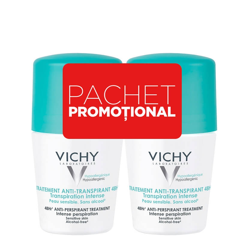 Pachet Deodorant roll-on antiperspirant cu parfum 48h, 50 ml + 50 ml, Vichy