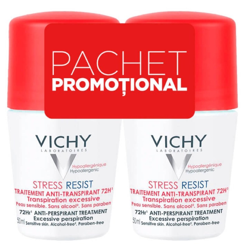 Pachet Deodorant roll-on tratament intensiv anti-transpirant 72h Stress Resist, 50 ml + 50 ml, Vichy