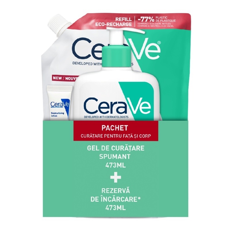 Pachet Gel de curatare spumant piele normal-mixta, 473 ml + Rezerva de incarcare, 473 ml, Cerave