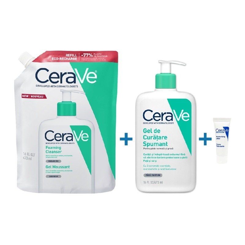 Pachet Gel de curatare spumant piele normal-mixta, 473 ml + Rezerva de incarcare, 473 ml, Cerave