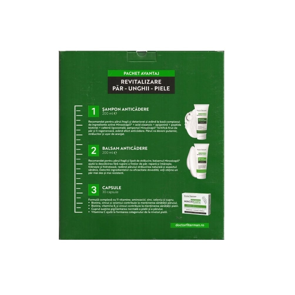Pachet impotriva caderii parului Sampon Minoxicapil, 200 ml + Balsam Minoxicapil, 200 ml + Minoxicapil, 30 capsule, Doctor Fiterman