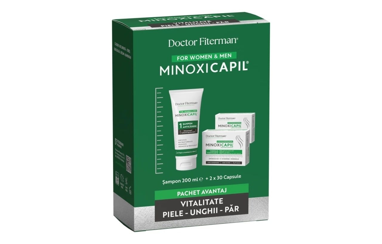 Pachet impotriva caderii parului Sampon Minoxicapil, 200 ml + Minoxicapil, 30 + 30 capsule, Doctor Fiterman