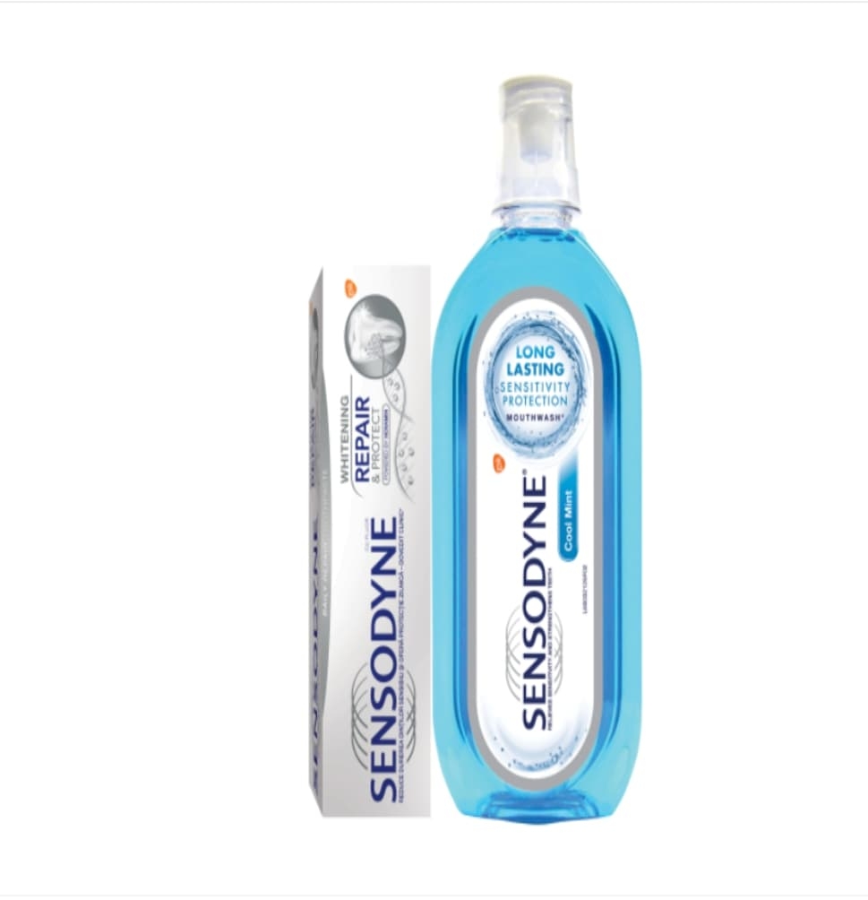 Pachet Pasta de dinti Repair & Protect Whitening, 75 ml + Apa de gura Cool Mint, 500 ml, Sensodyne