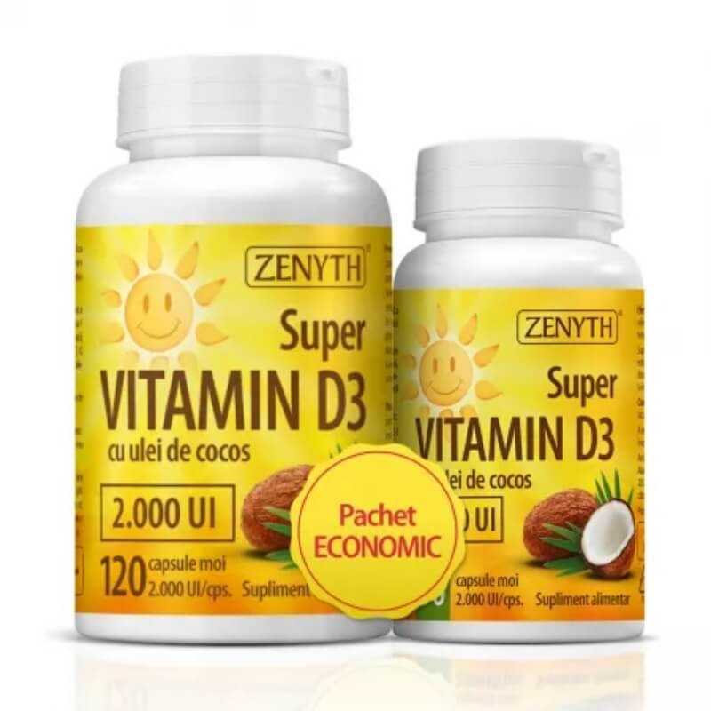 Pachet Super Vitamina D3 cu ulei de cocos 2000 UI, 120+30 capsule, Zenyth