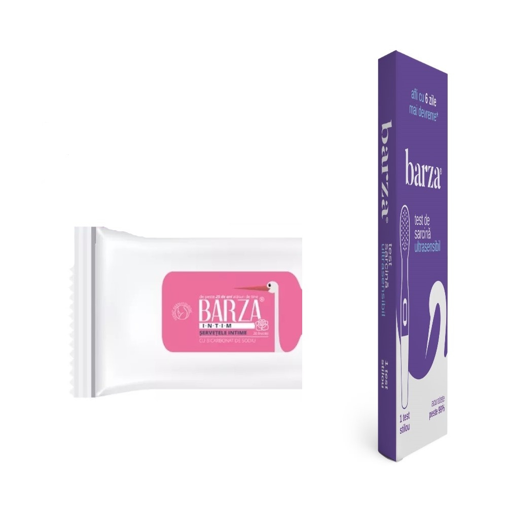 Pachet Test de sarcina stilou + Servetele intime cu bicarbonat, 20 buc, Barza