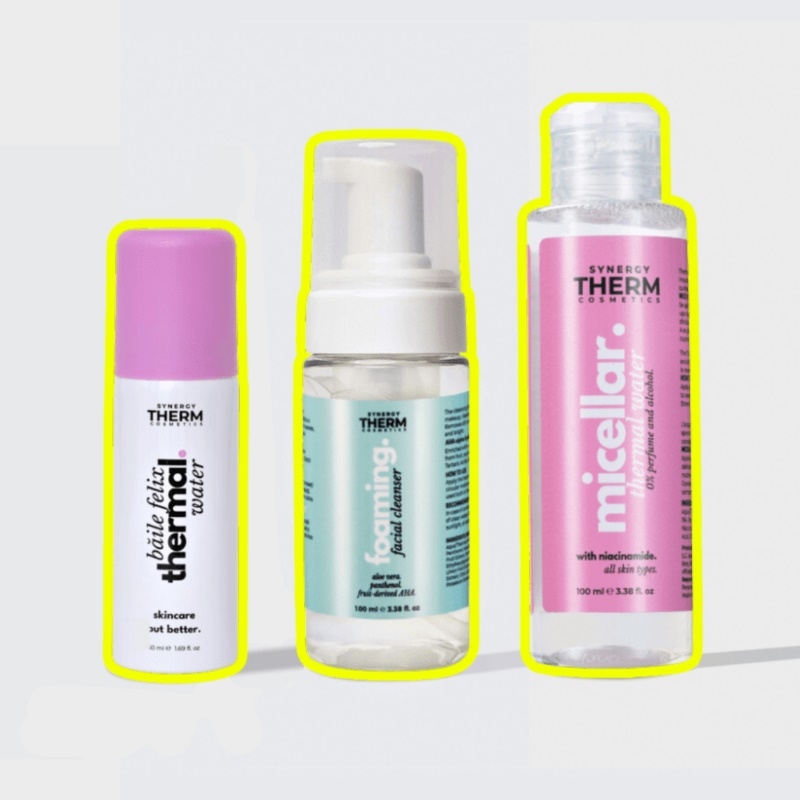 Pachet Apa termala micelara, 100 ml + Spuma de curatare faciala, 100 ml + Apa termala, 50 ml, Synergy Therm