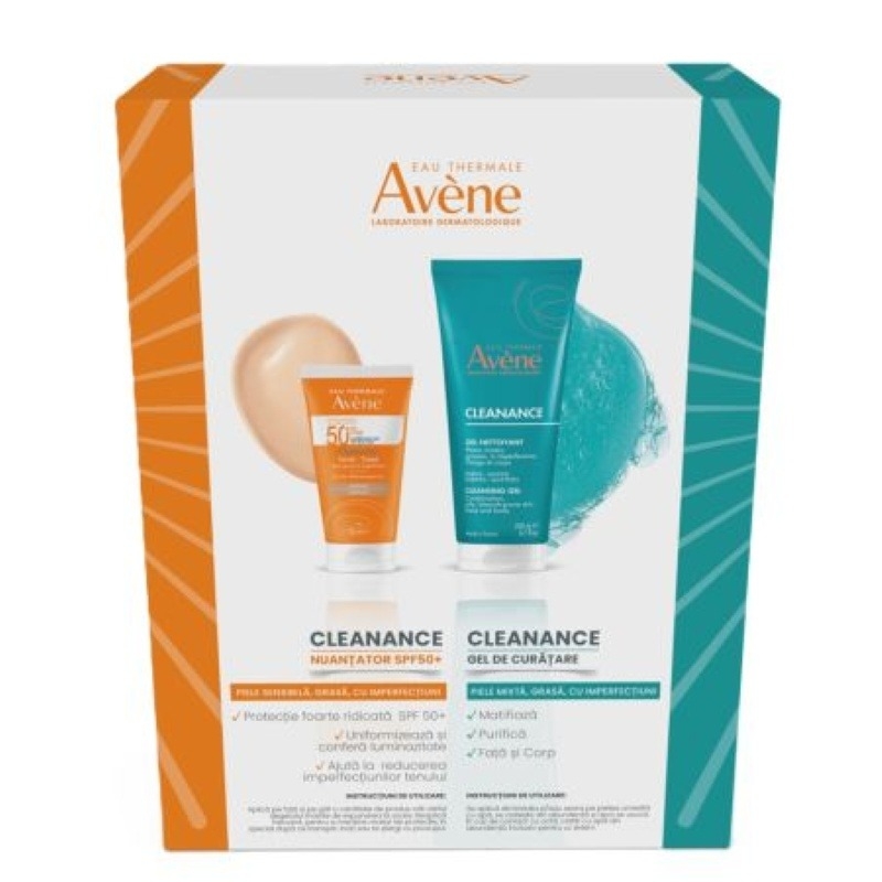 Pachet Cleanance gel de curatare 200 ml + Crema nuantatoare SPF 50+, 50 ml, Avene