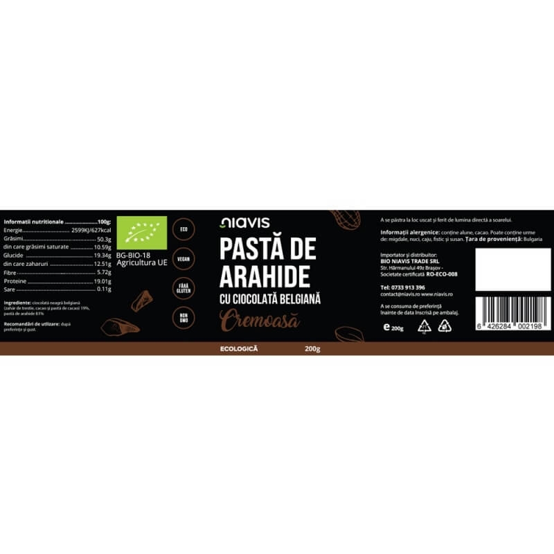 Pasta bio de arahide cu ciocolata belgiana cremoasa, 200 g, Niavis