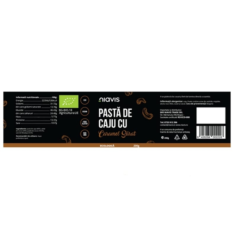 Pasta bio de caju cu caramel sarat, 200 g, Niavis