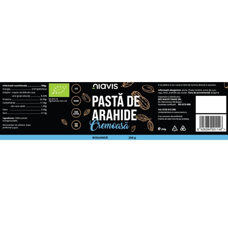 Pasta bio de arahide cremoasa, 250 g, Niavis