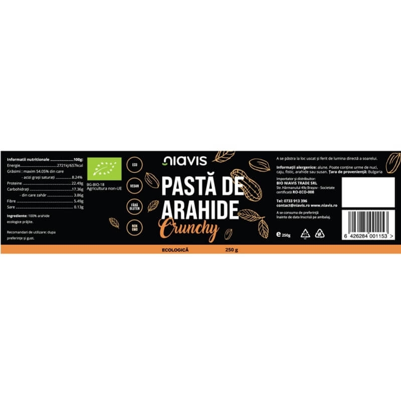 Pasta bio de arahide crunchy, 250 g, Niavis