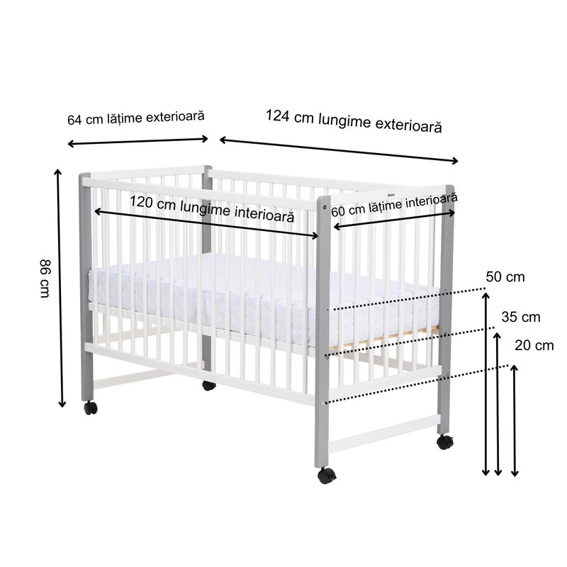 Patut din lemn bebe, 120x60 cm, Din lemn de pin si mdf, Stabil si rezistent, Inaltime saltea reglabila pe 3 nivele, Laterala cu 3 bete detasabile, EN716-1, EN716-2, Alb, Qmini, Maya