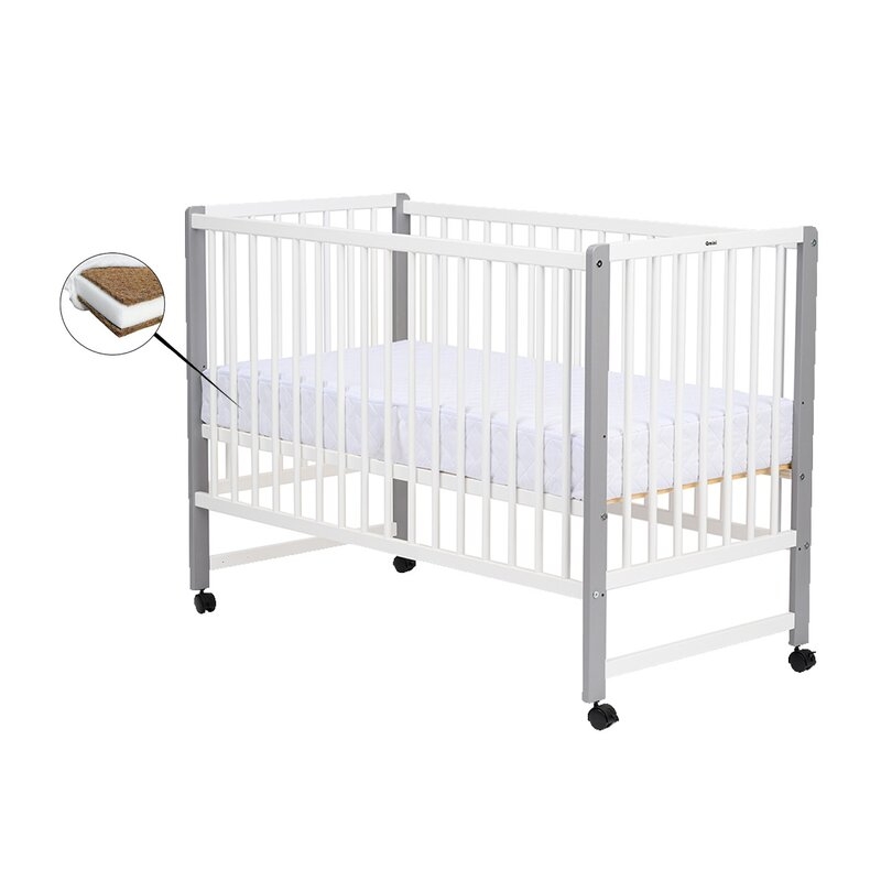 Patut din lemn bebe, 120x60 cm, Din lemn de pin si mdf, Stabil si rezistent, Inaltime saltea reglabila pe 3 nivele, Laterala cu 3 bete detasabile, EN716-1, EN716-2, Alb, Qmini, Maya + Saltea 12 cm