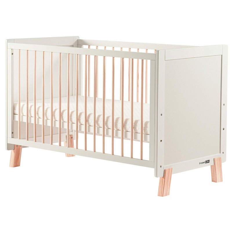 Patut din lemn bebe, 120x60 cm, FreeON, Ava Basic, Cu sina speciala pentru dentitie, Inaltime reglabila 3 nivele, Din lemn de pin si MDF, Stabil si rezistent, Alb