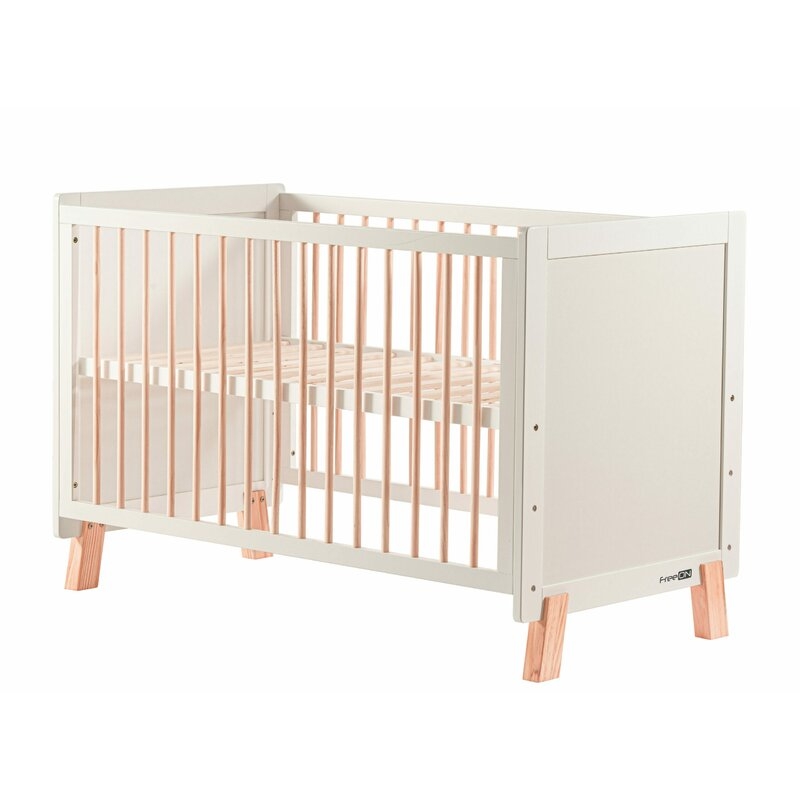 Patut din lemn bebe, 120x60 cm, FreeON, Ava Basic, Cu sina speciala pentru dentitie, Inaltime reglabila 3 nivele, Din lemn de pin si MDF, Stabil si rezistent, Alb