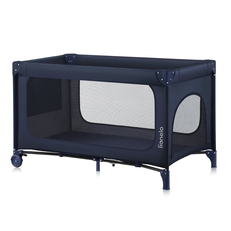 Patut pliant, Lionelo, Jasmin Easy Fold, Pana la 15 kg, Usor de pliat, Cu doua nivele, Cu saltea ergonomica T25, Cu intrare laterala cu fermoar, 2 roti cu frana, 120 x 60 cm, Conform cu EN 716, 0-36 luni, Albastru