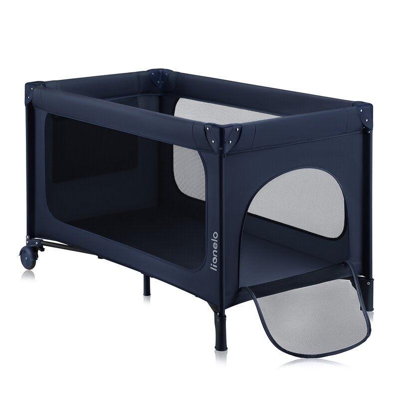 Patut pliant, Lionelo, Jasmin Easy Fold, Pana la 15 kg, Usor de pliat, Cu doua nivele, Cu saltea ergonomica T25, Cu intrare laterala cu fermoar, 2 roti cu frana, 120 x 60 cm, Conform cu EN 716, 0-36 luni, Albastru