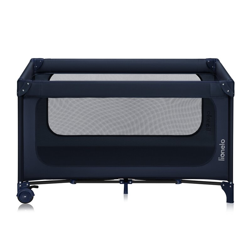 Patut pliant, Lionelo, Jasmin Easy Fold, Pana la 15 kg, Usor de pliat, Cu doua nivele, Cu saltea ergonomica T25, Cu intrare laterala cu fermoar, 2 roti cu frana, 120 x 60 cm, Conform cu EN 716, 0-36 luni, Albastru
