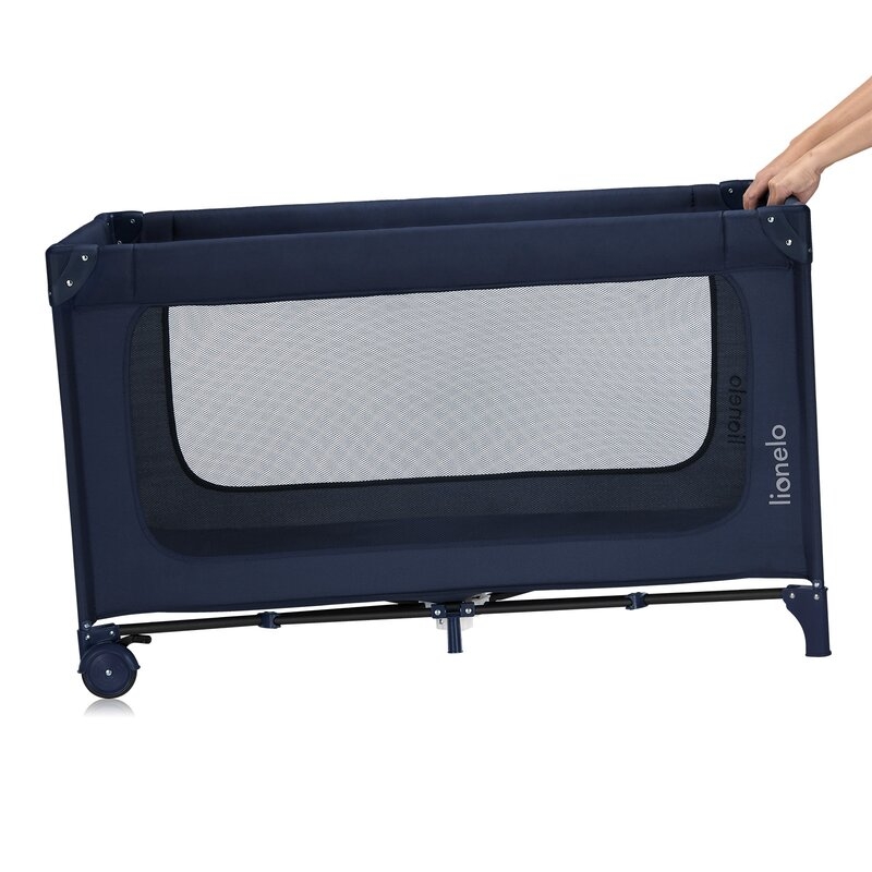 Patut pliant, Lionelo, Jasmin Easy Fold, Pana la 15 kg, Usor de pliat, Cu doua nivele, Cu saltea ergonomica T25, Cu intrare laterala cu fermoar, 2 roti cu frana, 120 x 60 cm, Conform cu EN 716, 0-36 luni, Albastru