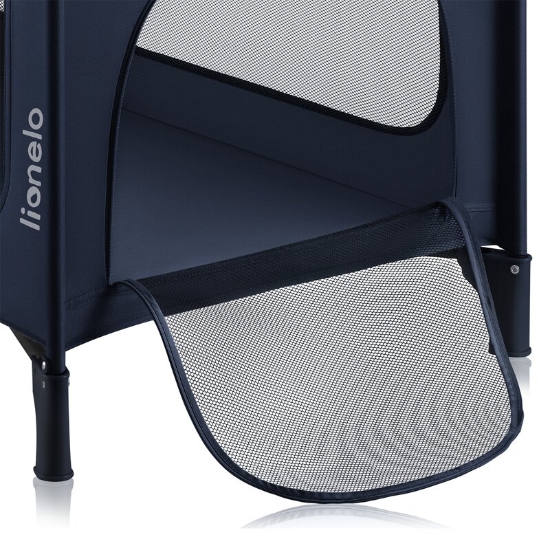 Patut pliant, Lionelo, Jasmin Easy Fold, Pana la 15 kg, Usor de pliat, Cu doua nivele, Cu saltea ergonomica T25, Cu intrare laterala cu fermoar, 2 roti cu frana, 120 x 60 cm, Conform cu EN 716, 0-36 luni, Albastru