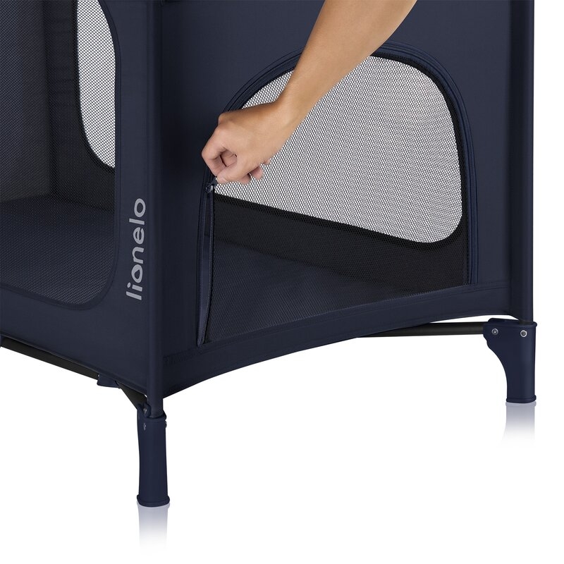 Patut pliant, Lionelo, Jasmin Easy Fold, Pana la 15 kg, Usor de pliat, Cu doua nivele, Cu saltea ergonomica T25, Cu intrare laterala cu fermoar, 2 roti cu frana, 120 x 60 cm, Conform cu EN 716, 0-36 luni, Albastru
