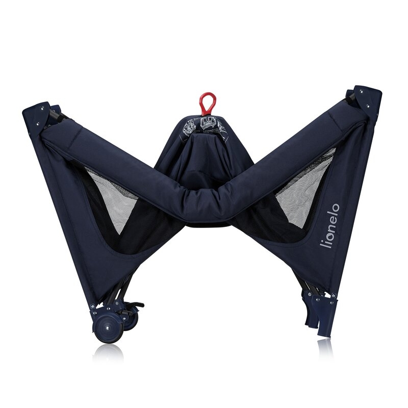 Patut pliant, Lionelo, Jasmin Easy Fold, Pana la 15 kg, Usor de pliat, Cu doua nivele, Cu saltea ergonomica T25, Cu intrare laterala cu fermoar, 2 roti cu frana, 120 x 60 cm, Conform cu EN 716, 0-36 luni, Albastru