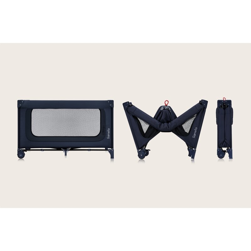 Patut pliant, Lionelo, Jasmin Easy Fold, Pana la 15 kg, Usor de pliat, Cu doua nivele, Cu saltea ergonomica T25, Cu intrare laterala cu fermoar, 2 roti cu frana, 120 x 60 cm, Conform cu EN 716, 0-36 luni, Albastru