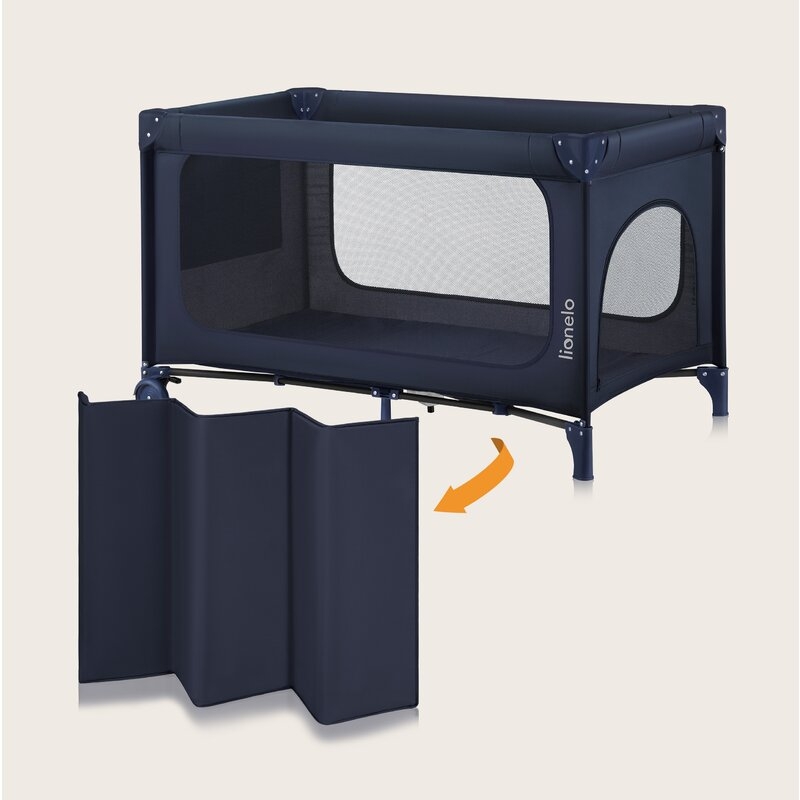 Patut pliant, Lionelo, Jasmin Easy Fold, Pana la 15 kg, Usor de pliat, Cu doua nivele, Cu saltea ergonomica T25, Cu intrare laterala cu fermoar, 2 roti cu frana, 120 x 60 cm, Conform cu EN 716, 0-36 luni, Albastru