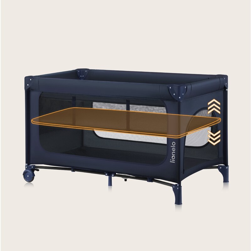 Patut pliant, Lionelo, Jasmin Easy Fold, Pana la 15 kg, Usor de pliat, Cu doua nivele, Cu saltea ergonomica T25, Cu intrare laterala cu fermoar, 2 roti cu frana, 120 x 60 cm, Conform cu EN 716, 0-36 luni, Albastru