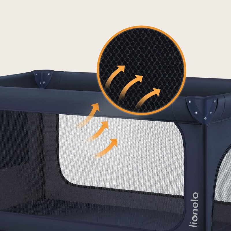 Patut pliant, Lionelo, Jasmin Easy Fold, Pana la 15 kg, Usor de pliat, Cu doua nivele, Cu saltea ergonomica T25, Cu intrare laterala cu fermoar, 2 roti cu frana, 120 x 60 cm, Conform cu EN 716, 0-36 luni, Albastru