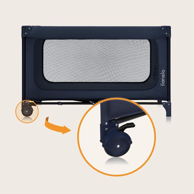 Patut pliant, Lionelo, Jasmin Easy Fold, Pana la 15 kg, Usor de pliat, Cu doua nivele, Cu saltea ergonomica T25, Cu intrare laterala cu fermoar, 2 roti cu frana, 120 x 60 cm, Conform cu EN 716, 0-36 luni, Albastru
