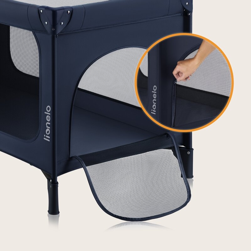 Patut pliant, Lionelo, Jasmin Easy Fold, Pana la 15 kg, Usor de pliat, Cu doua nivele, Cu saltea ergonomica T25, Cu intrare laterala cu fermoar, 2 roti cu frana, 120 x 60 cm, Conform cu EN 716, 0-36 luni, Albastru