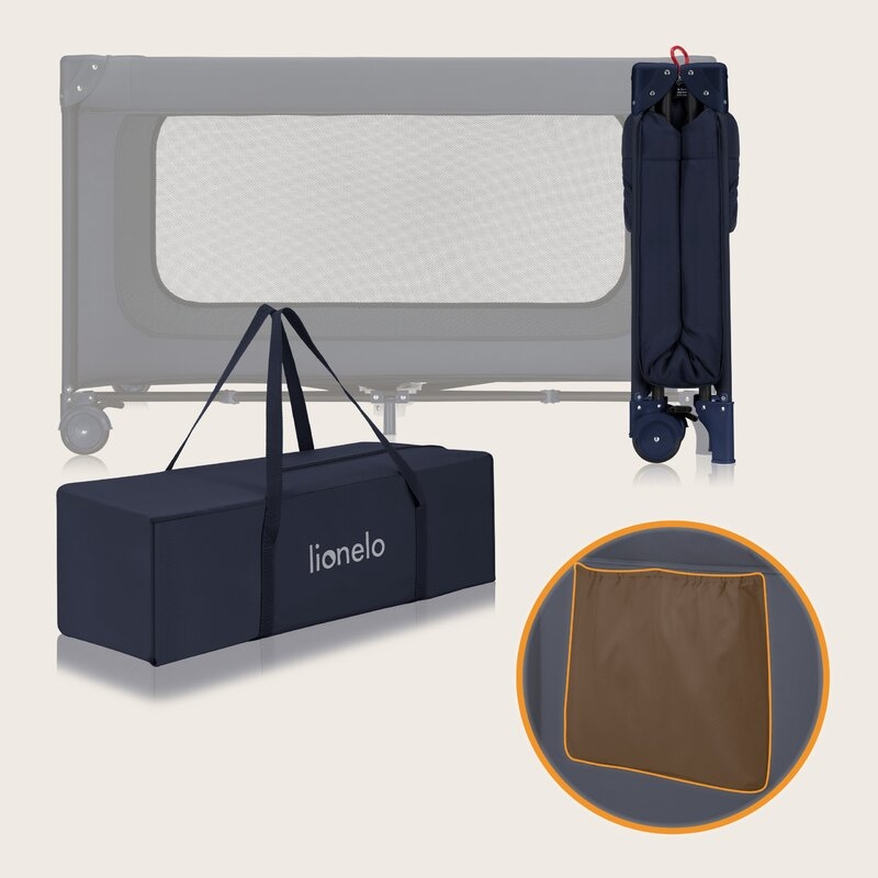 Patut pliant, Lionelo, Jasmin Easy Fold, Pana la 15 kg, Usor de pliat, Cu doua nivele, Cu saltea ergonomica T25, Cu intrare laterala cu fermoar, 2 roti cu frana, 120 x 60 cm, Conform cu EN 716, 0-36 luni, Albastru