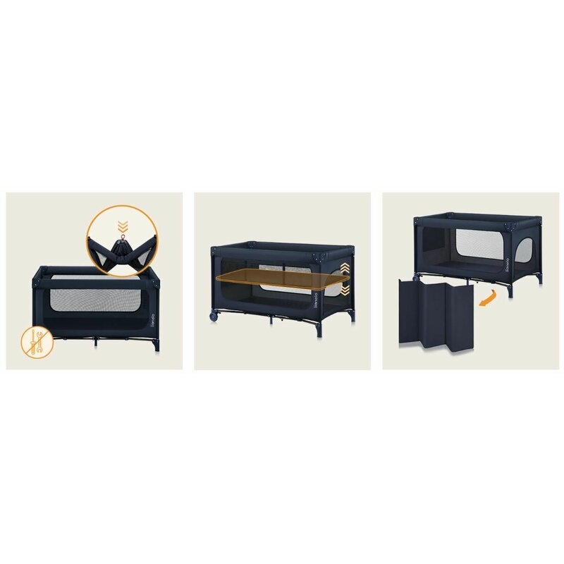 Patut pliant, Lionelo, Jasmin Easy Fold, Pana la 15 kg, Usor de pliat, Cu doua nivele, Cu saltea ergonomica T25, Cu intrare laterala cu fermoar, 2 roti cu frana, 120 x 60 cm, Conform cu EN 716, 0-36 luni, Albastru