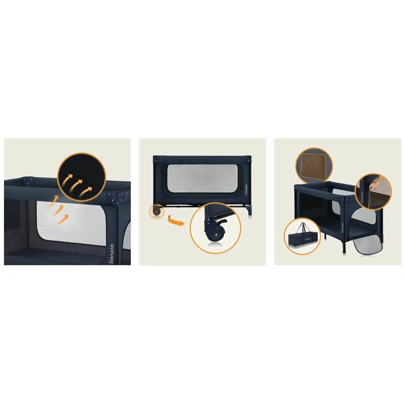Patut pliant, Lionelo, Jasmin Easy Fold, Pana la 15 kg, Usor de pliat, Cu doua nivele, Cu saltea ergonomica T25, Cu intrare laterala cu fermoar, 2 roti cu frana, 120 x 60 cm, Conform cu EN 716, 0-36 luni, Albastru