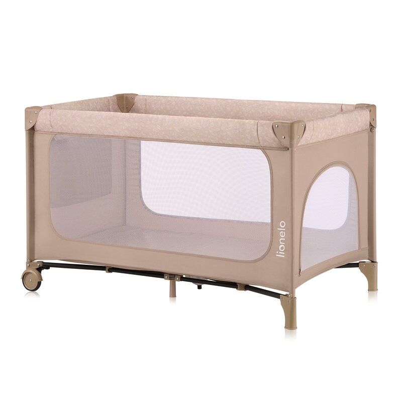 Patut pliant, Lionelo, Jasmin Easy Fold, Pana la 15 kg, Usor de pliat, Cu doua nivele, Cu saltea ergonomica T25, Cu intrare laterala cu fermoar, 2 roti cu frana, 120 x 60 cm, Conform cu EN 716, 0-36 luni, Bej