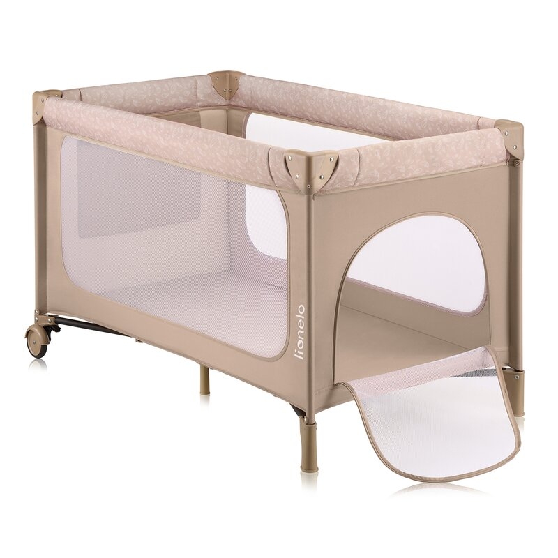 Patut pliant, Lionelo, Jasmin Easy Fold, Pana la 15 kg, Usor de pliat, Cu doua nivele, Cu saltea ergonomica T25, Cu intrare laterala cu fermoar, 2 roti cu frana, 120 x 60 cm, Conform cu EN 716, 0-36 luni, Bej