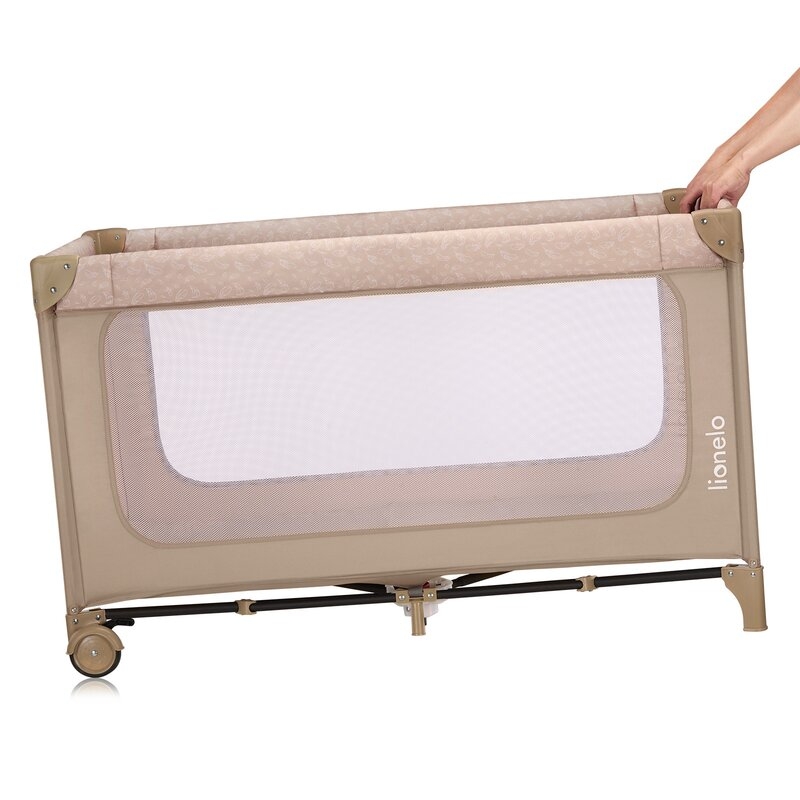 Patut pliant, Lionelo, Jasmin Easy Fold, Pana la 15 kg, Usor de pliat, Cu doua nivele, Cu saltea ergonomica T25, Cu intrare laterala cu fermoar, 2 roti cu frana, 120 x 60 cm, Conform cu EN 716, 0-36 luni, Bej