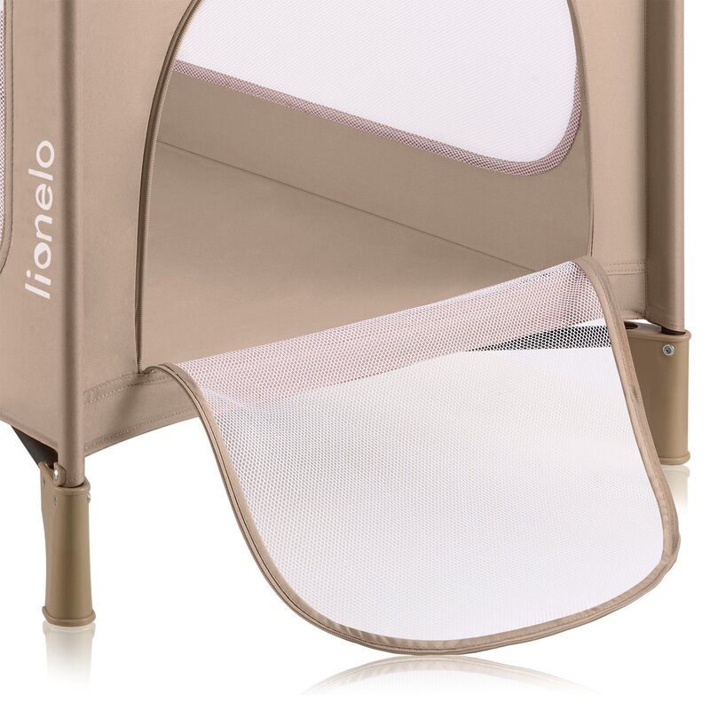 Patut pliant, Lionelo, Jasmin Easy Fold, Pana la 15 kg, Usor de pliat, Cu doua nivele, Cu saltea ergonomica T25, Cu intrare laterala cu fermoar, 2 roti cu frana, 120 x 60 cm, Conform cu EN 716, 0-36 luni, Bej