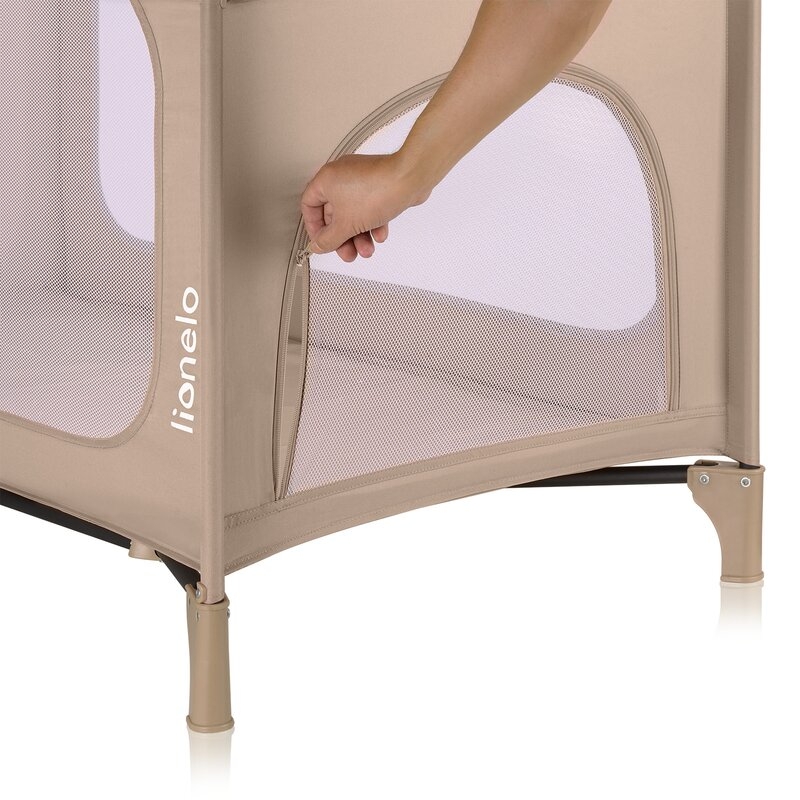 Patut pliant, Lionelo, Jasmin Easy Fold, Pana la 15 kg, Usor de pliat, Cu doua nivele, Cu saltea ergonomica T25, Cu intrare laterala cu fermoar, 2 roti cu frana, 120 x 60 cm, Conform cu EN 716, 0-36 luni, Bej
