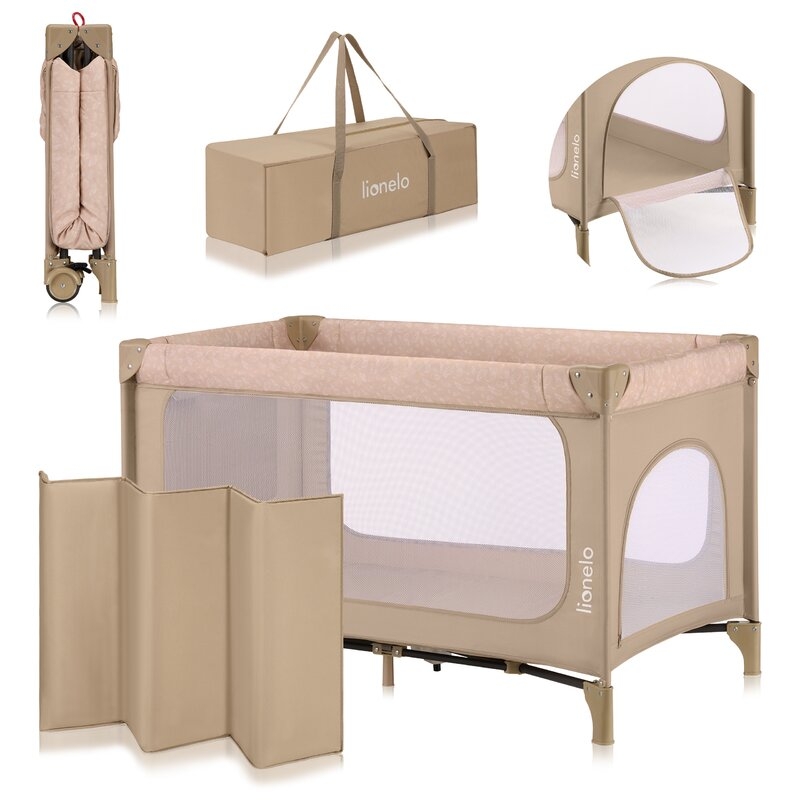 Patut pliant, Lionelo, Jasmin Easy Fold, Pana la 15 kg, Usor de pliat, Cu doua nivele, Cu saltea ergonomica T25, Cu intrare laterala cu fermoar, 2 roti cu frana, 120 x 60 cm, Conform cu EN 716, 0-36 luni, Bej