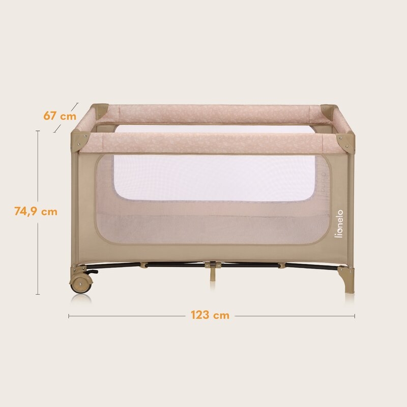 Patut pliant, Lionelo, Jasmin Easy Fold, Pana la 15 kg, Usor de pliat, Cu doua nivele, Cu saltea ergonomica T25, Cu intrare laterala cu fermoar, 2 roti cu frana, 120 x 60 cm, Conform cu EN 716, 0-36 luni, Bej