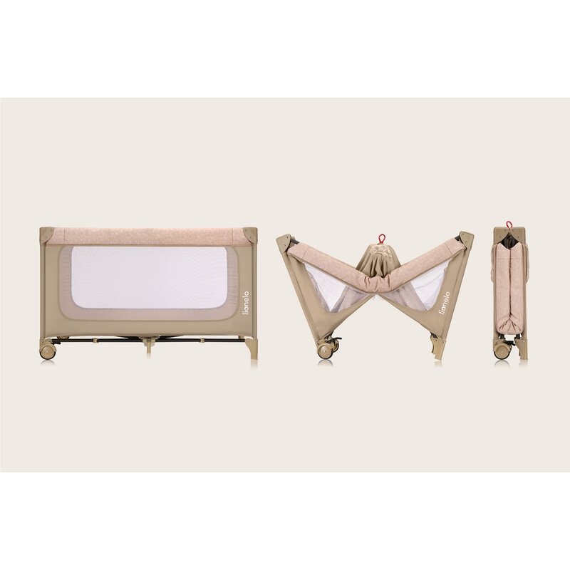 Patut pliant, Lionelo, Jasmin Easy Fold, Pana la 15 kg, Usor de pliat, Cu doua nivele, Cu saltea ergonomica T25, Cu intrare laterala cu fermoar, 2 roti cu frana, 120 x 60 cm, Conform cu EN 716, 0-36 luni, Bej