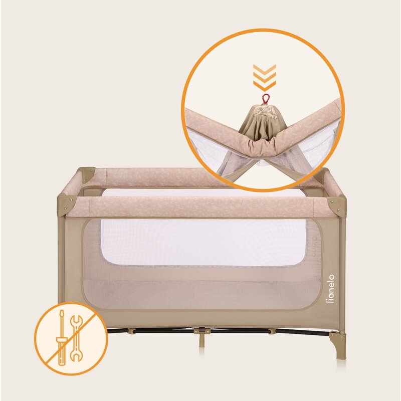 Patut pliant, Lionelo, Jasmin Easy Fold, Pana la 15 kg, Usor de pliat, Cu doua nivele, Cu saltea ergonomica T25, Cu intrare laterala cu fermoar, 2 roti cu frana, 120 x 60 cm, Conform cu EN 716, 0-36 luni, Bej