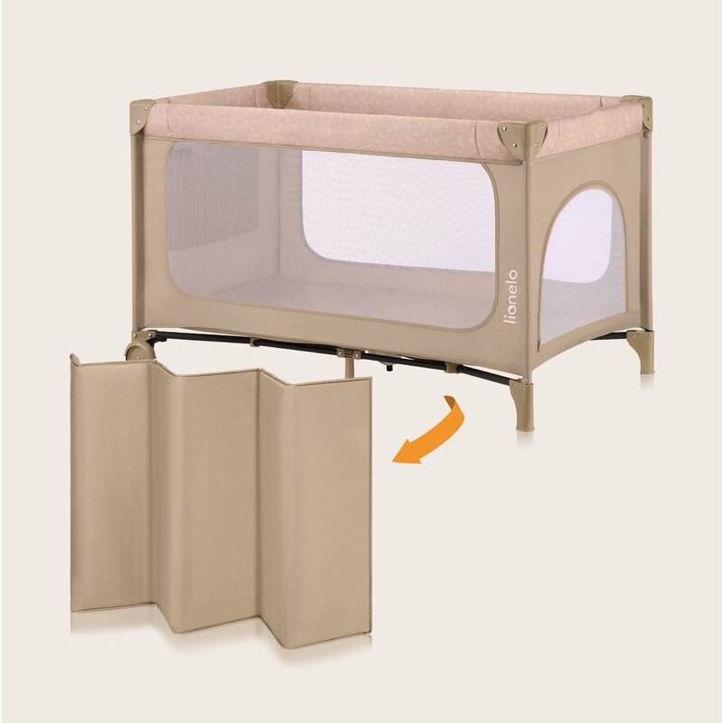 Patut pliant, Lionelo, Jasmin Easy Fold, Pana la 15 kg, Usor de pliat, Cu doua nivele, Cu saltea ergonomica T25, Cu intrare laterala cu fermoar, 2 roti cu frana, 120 x 60 cm, Conform cu EN 716, 0-36 luni, Bej