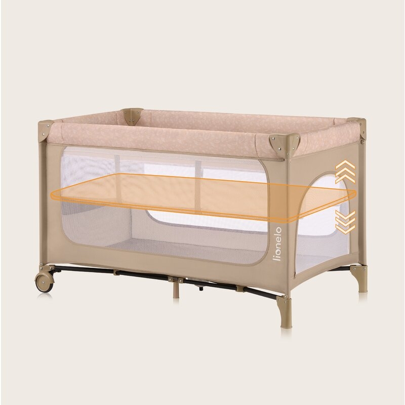Patut pliant, Lionelo, Jasmin Easy Fold, Pana la 15 kg, Usor de pliat, Cu doua nivele, Cu saltea ergonomica T25, Cu intrare laterala cu fermoar, 2 roti cu frana, 120 x 60 cm, Conform cu EN 716, 0-36 luni, Bej