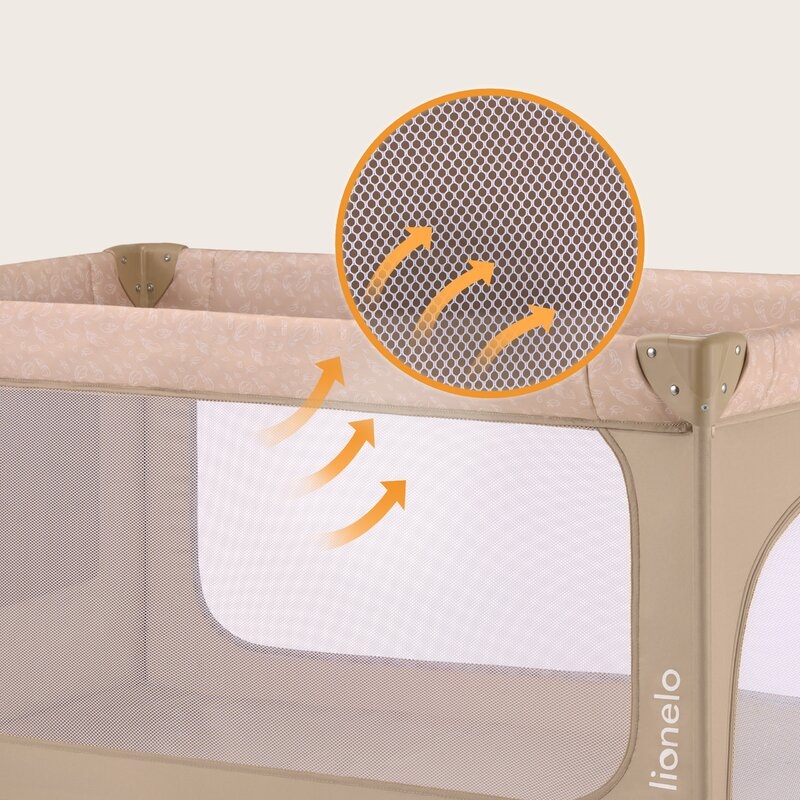 Patut pliant, Lionelo, Jasmin Easy Fold, Pana la 15 kg, Usor de pliat, Cu doua nivele, Cu saltea ergonomica T25, Cu intrare laterala cu fermoar, 2 roti cu frana, 120 x 60 cm, Conform cu EN 716, 0-36 luni, Bej