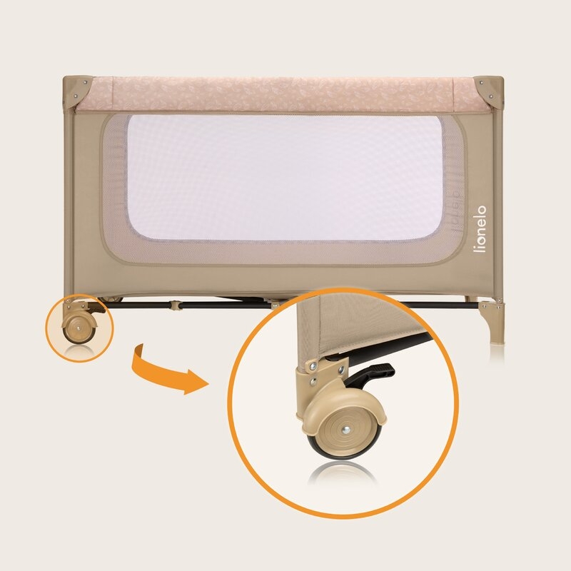 Patut pliant, Lionelo, Jasmin Easy Fold, Pana la 15 kg, Usor de pliat, Cu doua nivele, Cu saltea ergonomica T25, Cu intrare laterala cu fermoar, 2 roti cu frana, 120 x 60 cm, Conform cu EN 716, 0-36 luni, Bej
