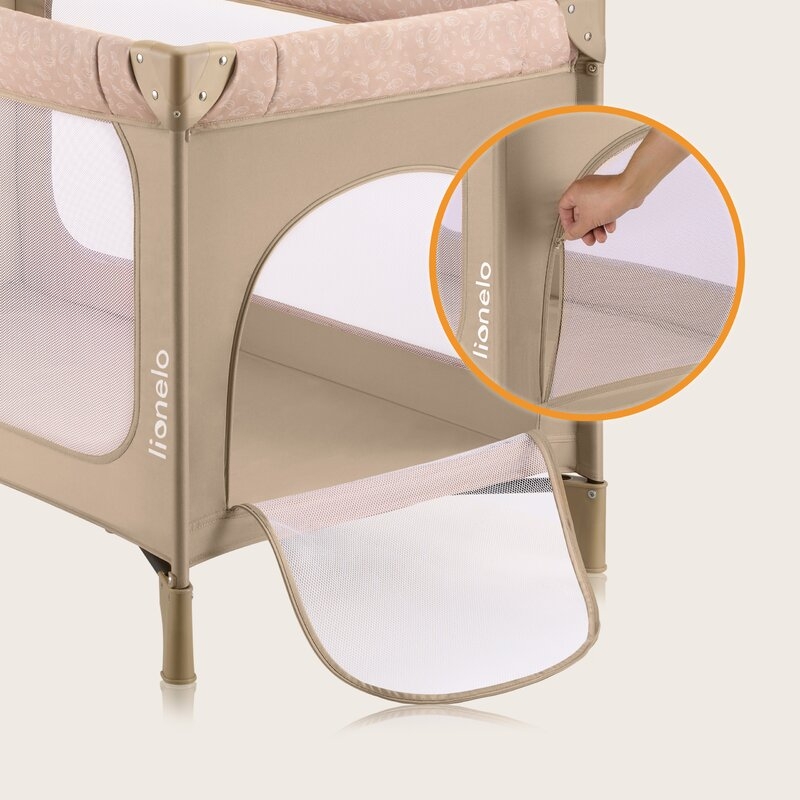 Patut pliant, Lionelo, Jasmin Easy Fold, Pana la 15 kg, Usor de pliat, Cu doua nivele, Cu saltea ergonomica T25, Cu intrare laterala cu fermoar, 2 roti cu frana, 120 x 60 cm, Conform cu EN 716, 0-36 luni, Bej