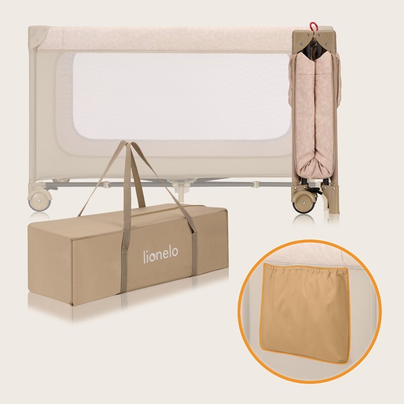 Patut pliant, Lionelo, Jasmin Easy Fold, Pana la 15 kg, Usor de pliat, Cu doua nivele, Cu saltea ergonomica T25, Cu intrare laterala cu fermoar, 2 roti cu frana, 120 x 60 cm, Conform cu EN 716, 0-36 luni, Bej
